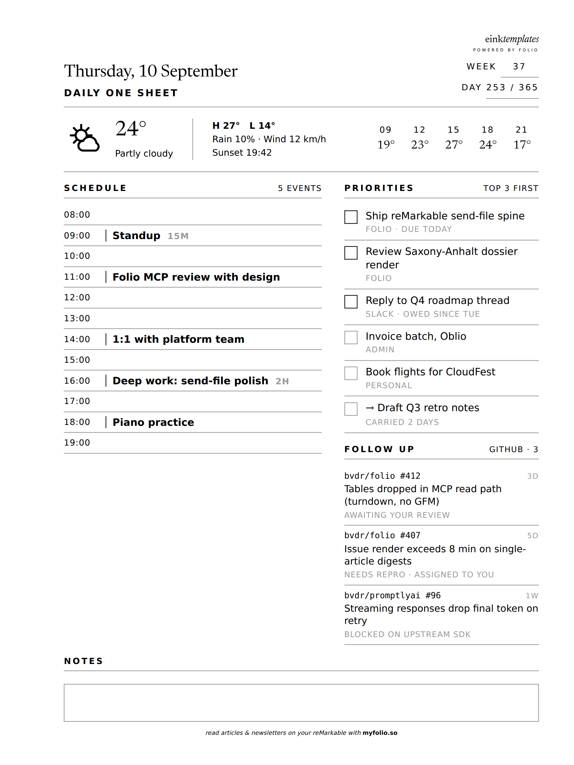 Daily One Sheet filled in with a sample day
